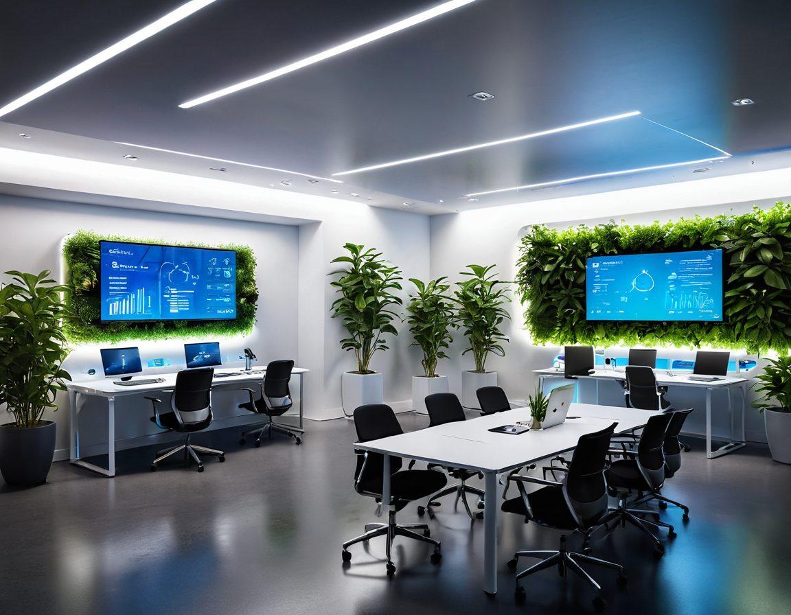A futuristic office space featuring diverse teams collaborating with advanced workspace management tools, holographic interfaces displaying project timelines, and virtual whiteboards. Incorporate lively plants, bright lighting, and a blend of technology with cozy workspaces to inspire creativity and teamwork. The scene should exude a sense of innovation and harmony. super-realistic. vibrant colors. 3D.
