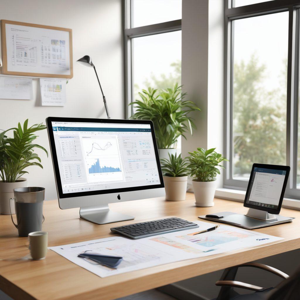 A modern office workspace featuring a sleek digital binder interface displaying organized documents and notes on a large touchscreen. The scene includes a cozy desk with a laptop, plants, and a coffee mug, conveying a sense of productivity and comfort. Bright natural light floods the room through large windows, and digital elements like charts and graphs float around, symbolizing efficiency. Painting style, vibrant colors, and a bright white background.