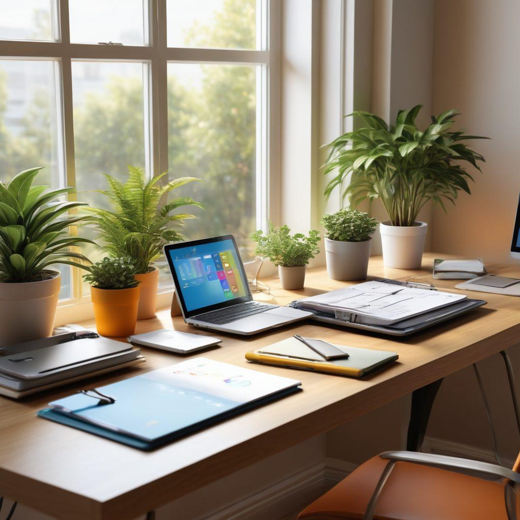 A visually captivating workspace scene featuring a sleek, organized desk with a smart organizational system. Include color-coded folders, a digital planner, and tech gadgets that symbolize efficiency. Bright sunlight streaming through a window, illuminating fresh plants that symbolize growth and vitality. An overall feeling of calm and focus. 3D. vibrant colors.